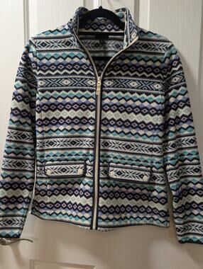 Talbots Women's XS Fair Isle Pattern Full Zip Fleece Jacket Stand Collar Blue